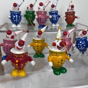 Vintage Christmas Ornaments Wooden Clowns Set of 12 Kitsch Circus Clowns Retro